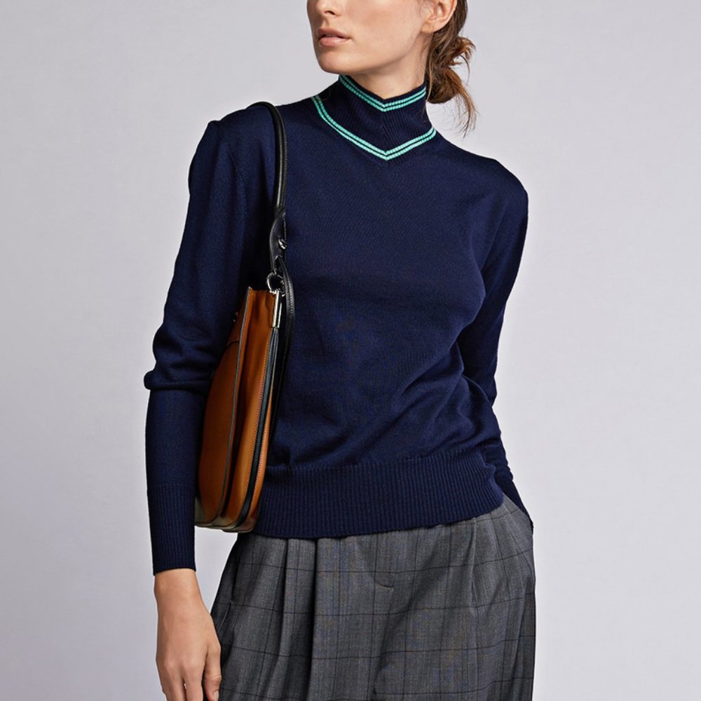 NWT Maggie Marilyn unique STRIPED-TRIM Turtleneck Wool Sweater Navy SZ M